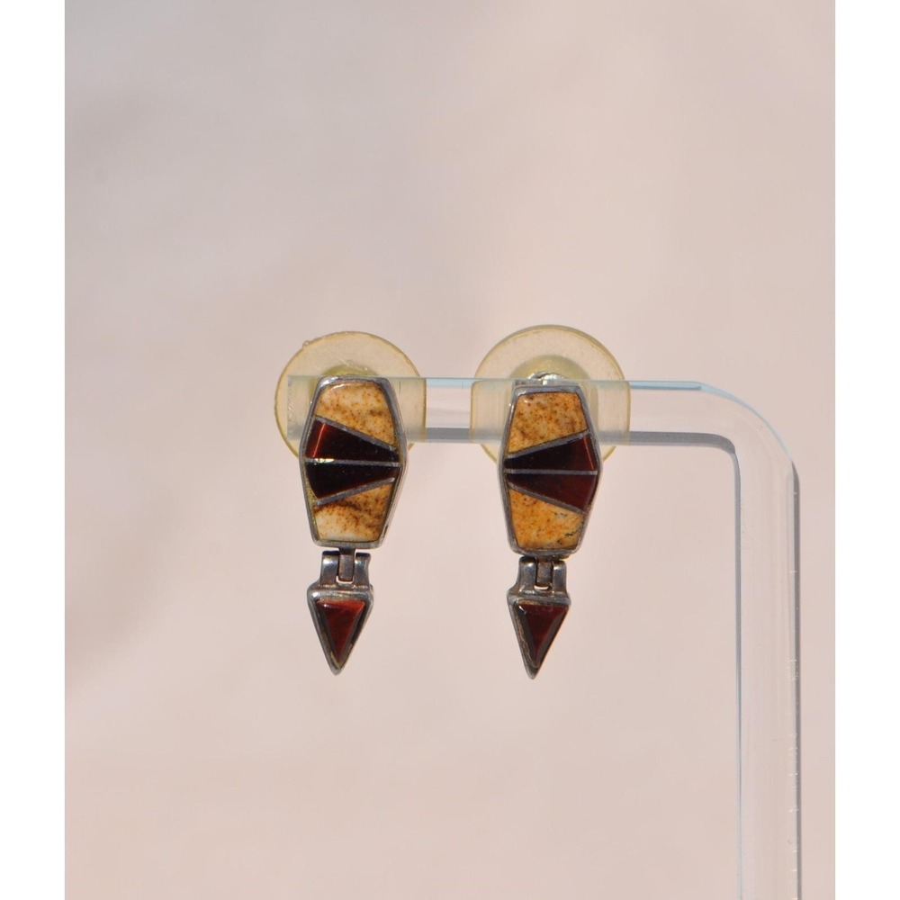 Navajo Native American Indian Sterling Silver Multi Stone Inlay Stud Earrings